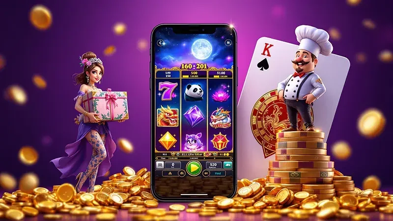 Tampilan visual permainan slot mobile dengan reels dan simbol bonus
